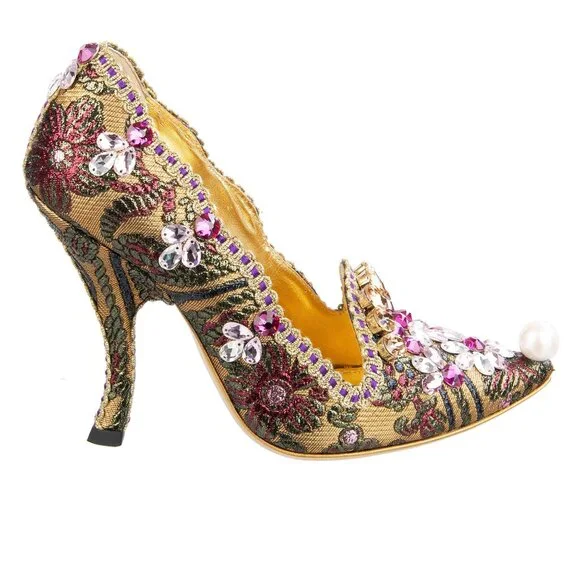 Dolce & Gabbana - Lurex Jacquard Crystals Embroidered Pumps ALADINO Gold EUR 39, - Picture 1 of 5